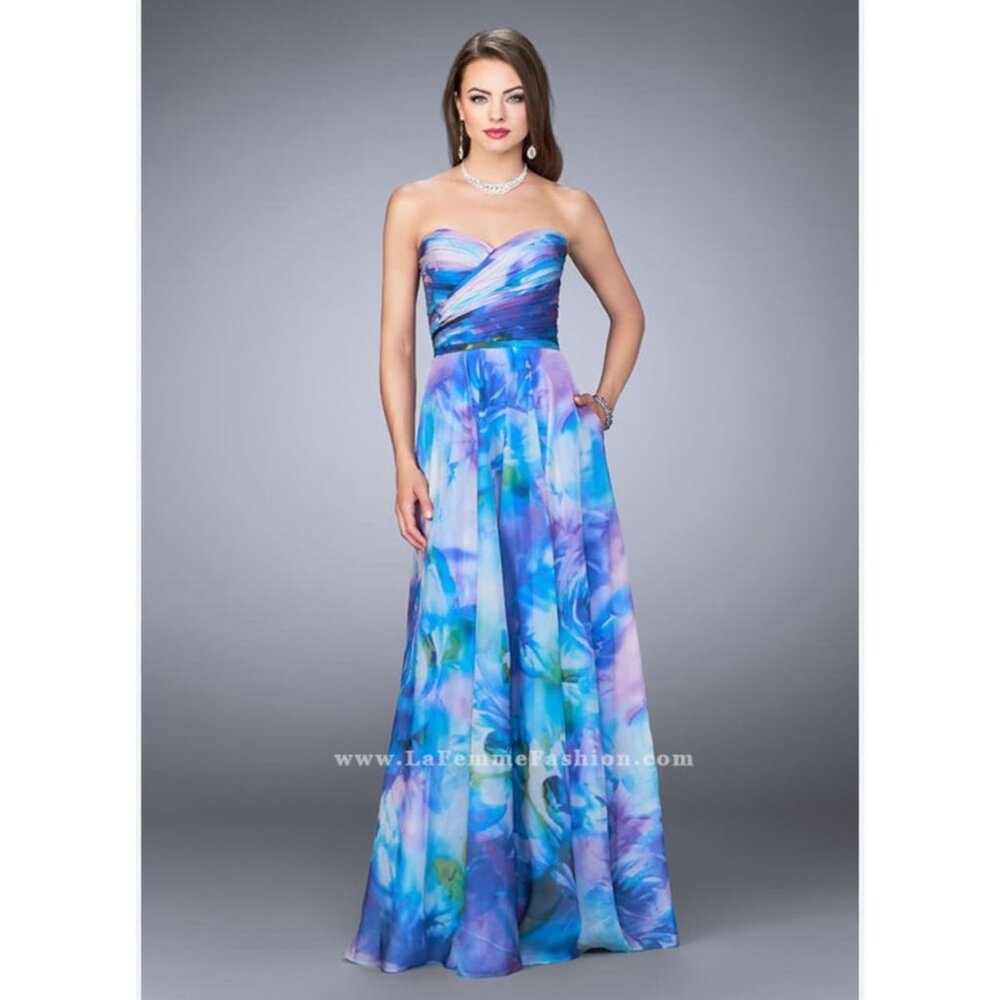 La Femme Multicolor Empire Waist Chiffon Maxi Dress With Beaded Bodice - Picture 11 of 12